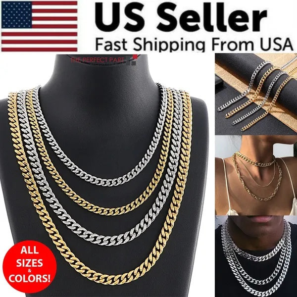 Stainless Steel Gold Silver Chain Cuban Curb Mens Necklace