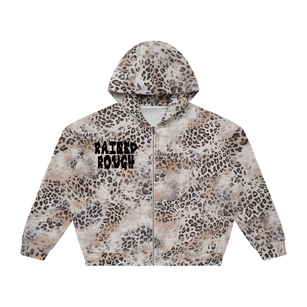 Raised Rough Logo hoodieUnisex Vintage Wash Leopard Full Zip Hoodie