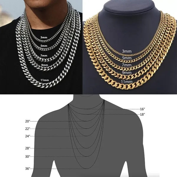 Stainless Steel Gold Silver Chain Cuban Curb Mens Necklace