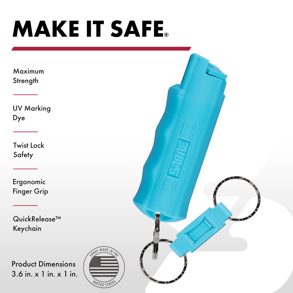 Sabre Pepper Spray with Quick Release Keychain for Self Defense – Maximum Police Strength OC Spray with UV Marking Dye, Twist Lock Safety, Finger Grip, 10‑Second Spray, 14‑ft Range, Made in USA